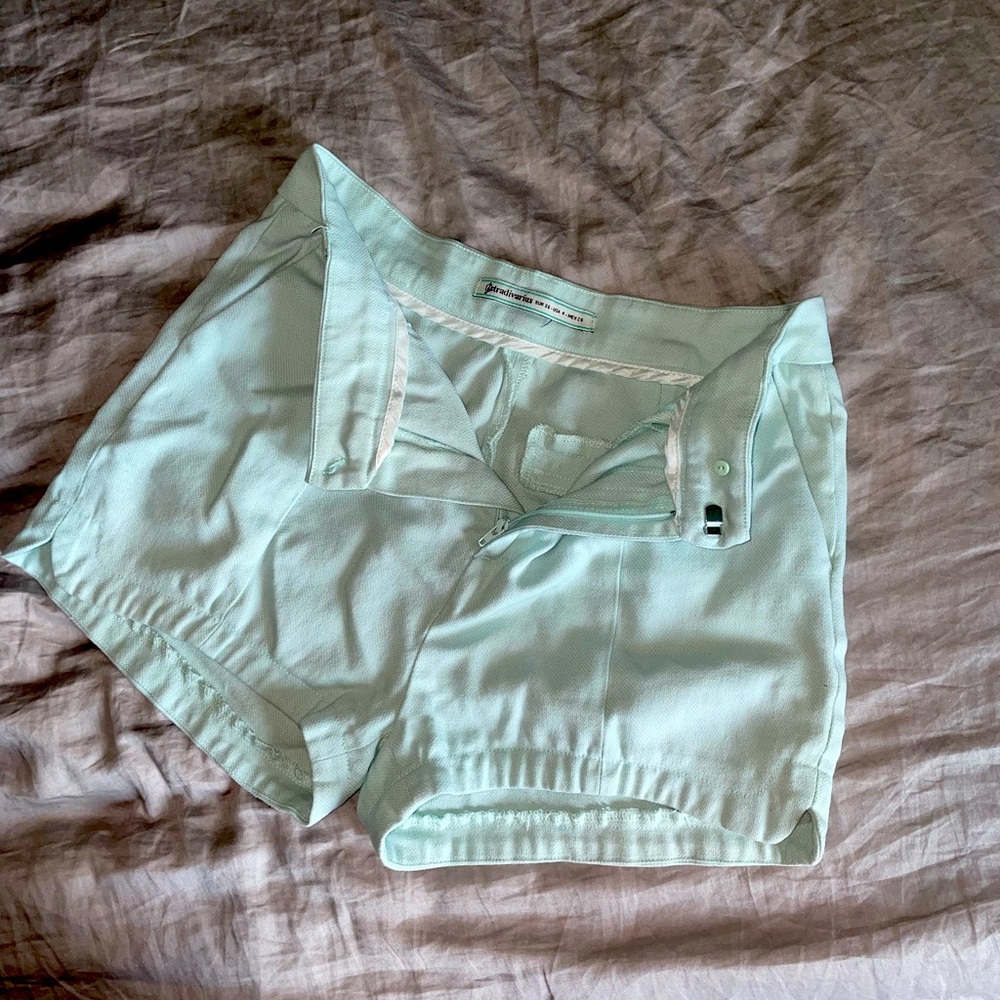 BABY TEAL BLUE CANVAS SHORTS, PETITE WAIST, METAL CLIP TO FASTEN